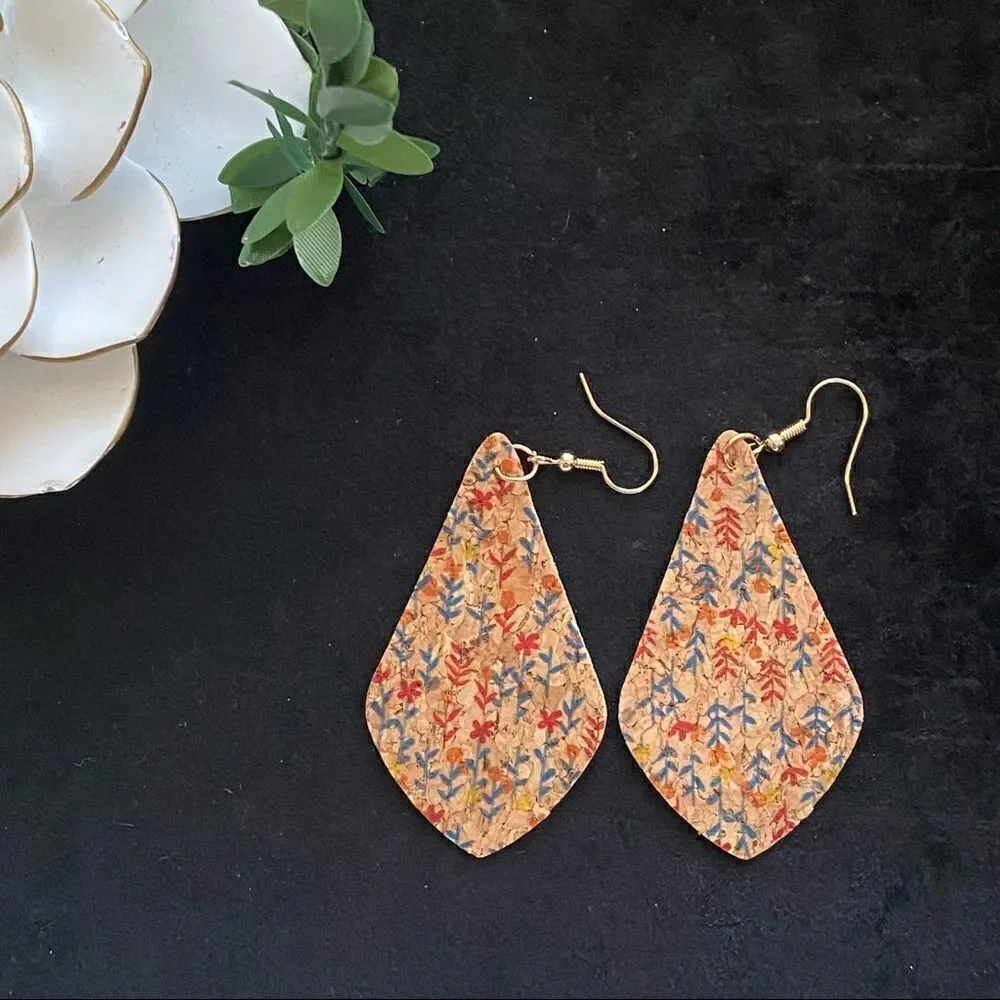 Flower Leaf Print Teardrop Shape Lightweight Cork Drop Earrings NWT